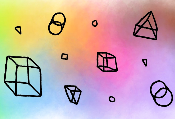 illustration of abstract shapes on a blended rainbow